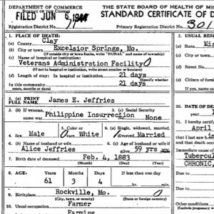James Jeffries death certificate snippet