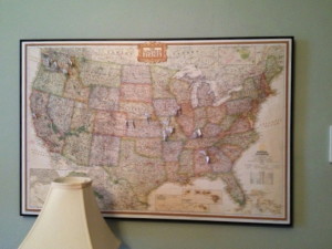 A map, cork board, foam core and frame make a great way for me to map my ancestors!